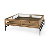 Arelius 42" Square Glass-Top Light Brown w/ Black Metal Base Display Coffee Table by Mercana at Eve Furniture