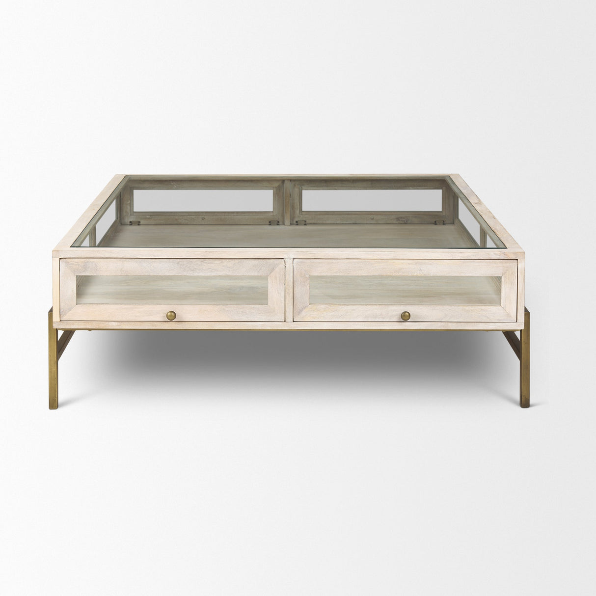 Arelius 42" Square Glass-Top White Wood w/ Gold Metal Base Display Coffee Table by Mercana at Eve Furniture