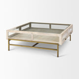Arelius 42" Square Glass-Top White Wood w/ Gold Metal Base Display Coffee Table by Mercana at Eve Furniture