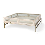 Arelius 42" Square Glass-Top White Wood w/ Gold Metal Base Display Coffee Table by Mercana at Eve Furniture