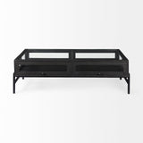Arelius 42"L Rectangular Glass-Top Black-Brown Wood w/ Black Metal Base Display Coffee Table by Mercana at Eve Furniture