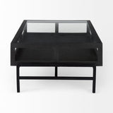 Arelius 42"L Rectangular Glass-Top Black-Brown Wood w/ Black Metal Base Display Coffee Table by Mercana at Eve Furniture