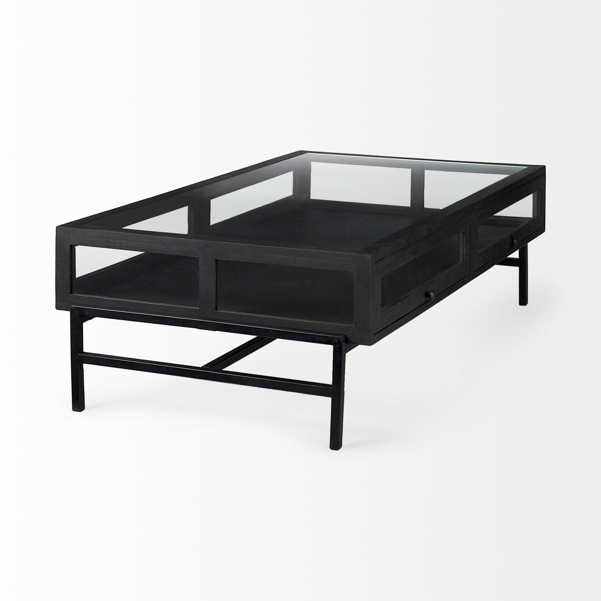 Arelius 42"L Rectangular Glass-Top Black-Brown Wood w/ Black Metal Base Display Coffee Table by Mercana at Eve Furniture