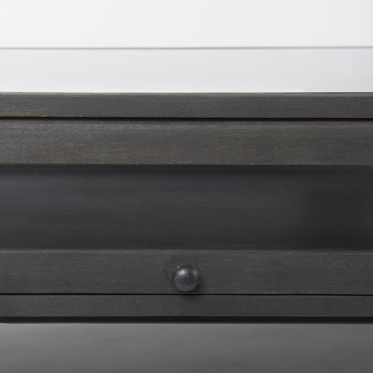 Arelius 42"L Rectangular Glass-Top Black-Brown Wood w/ Black Metal Base Display Coffee Table by Mercana at Eve Furniture