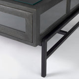 Arelius 42"L Rectangular Glass-Top Black-Brown Wood w/ Black Metal Base Display Coffee Table by Mercana at Eve Furniture