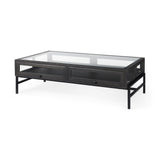 Arelius 42"L Rectangular Glass-Top Black-Brown Wood w/ Black Metal Base Display Coffee Table by Mercana at Eve Furniture
