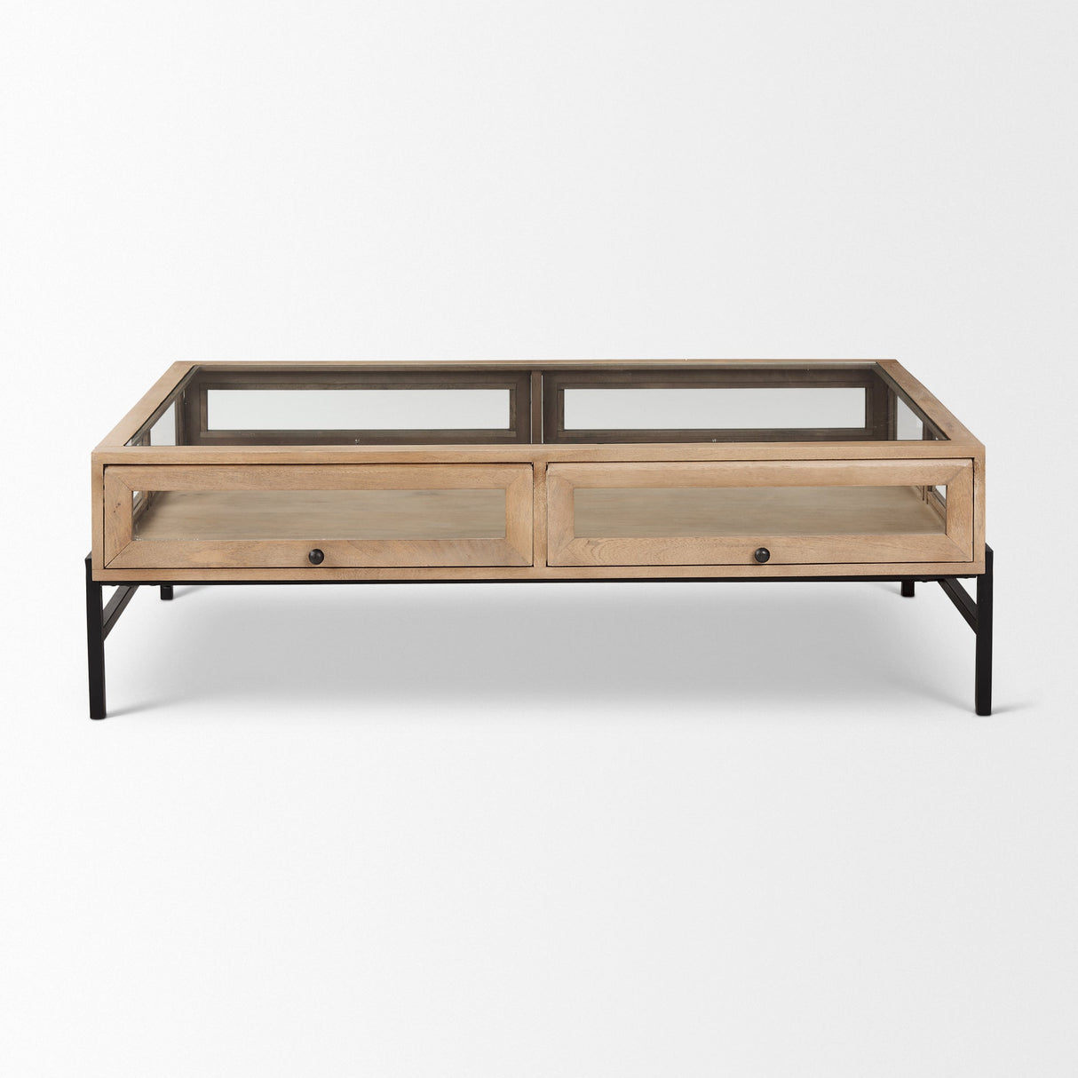 Arelius 42"L Rectangular Light Brown Wood w/ Black Metal Base Display Coffee Table by Mercana at Eve Furniture