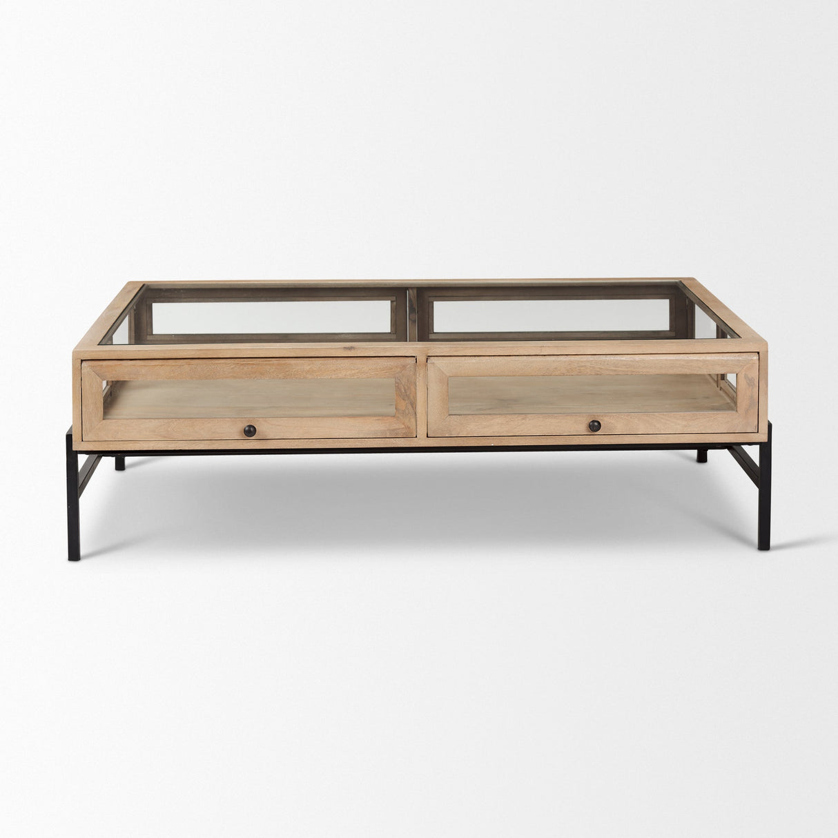 Arelius 42"L Rectangular Light Brown Wood w/ Black Metal Base Display Coffee Table by Mercana at Eve Furniture
