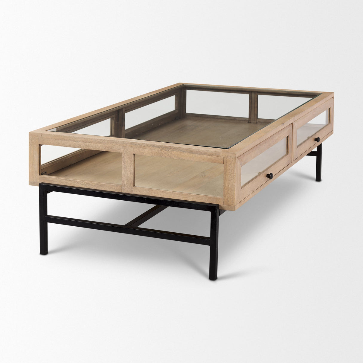 Arelius 42"L Rectangular Light Brown Wood w/ Black Metal Base Display Coffee Table by Mercana at Eve Furniture