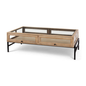 Arelius 42"L Rectangular Light Brown Wood w/ Black Metal Base Display Coffee Table by Mercana at Eve Furniture