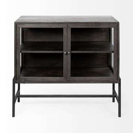 Arelius Black-Brown Wood, Black Metal Base w/ 2 Glass Doors Accent Cabinet by Mercana at Eve Furniture