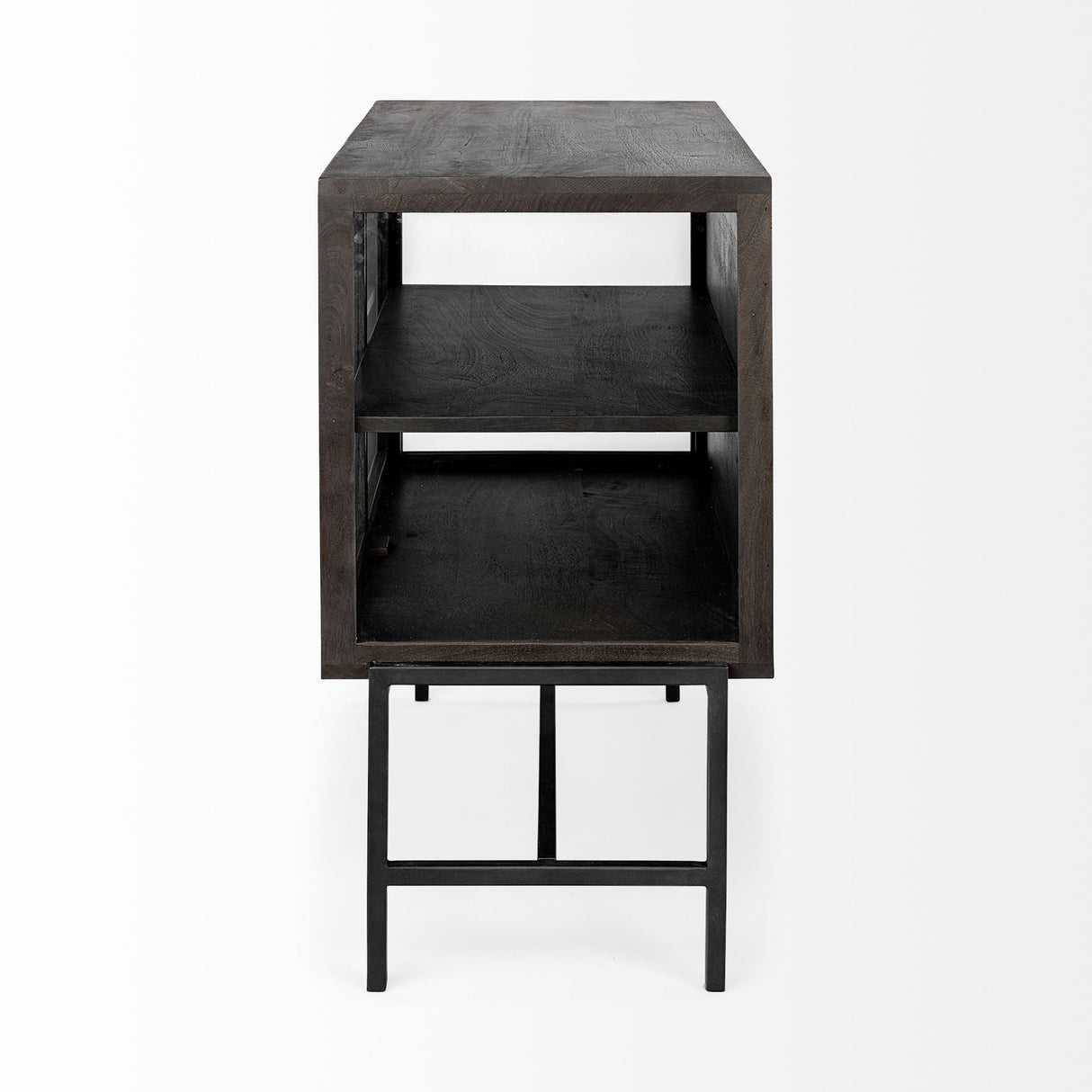 Arelius Black-Brown Wood, Black Metal Base w/ 2 Glass Doors Accent Cabinet by Mercana at Eve Furniture