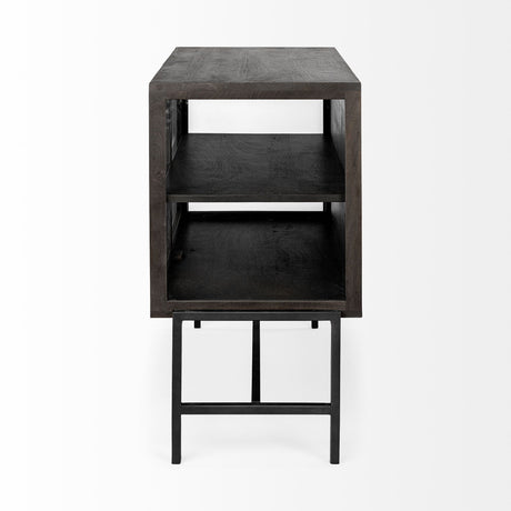 Arelius Black-Brown Wood, Black Metal Base w/ 2 Glass Doors Accent Cabinet by Mercana at Eve Furniture