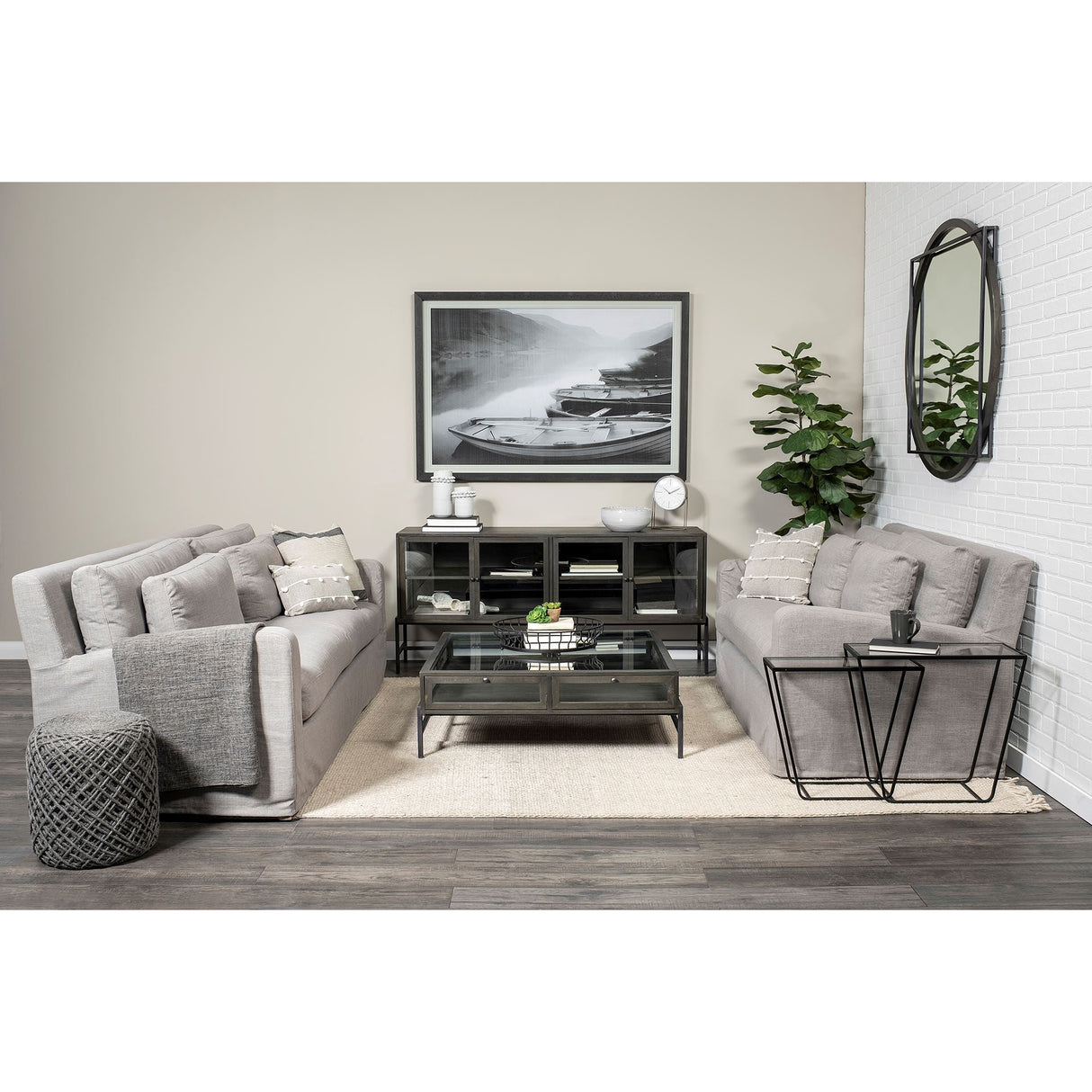 Arelius Black-Brown Wood, Black Metal Base w/ 4 Glass Cabinet Doors Sideboard by Mercana at Eve Furniture