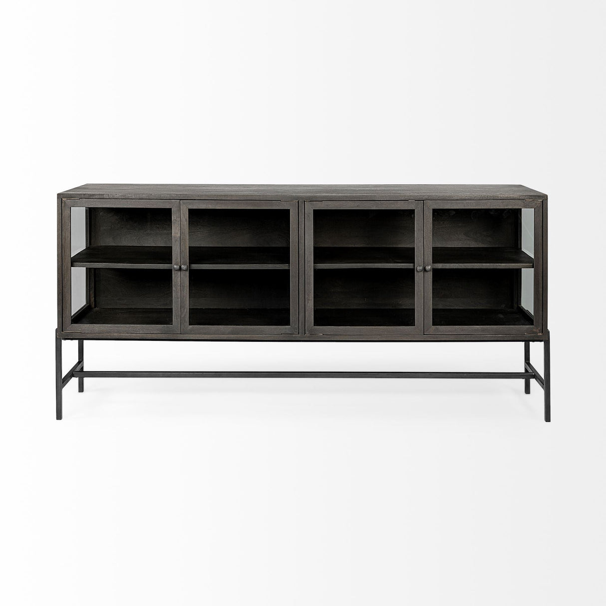 Arelius Black-Brown Wood, Black Metal Base w/ 4 Glass Cabinet Doors Sideboard by Mercana at Eve Furniture