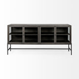 Arelius Black-Brown Wood, Black Metal Base w/ 4 Glass Cabinet Doors Sideboard by Mercana at Eve Furniture