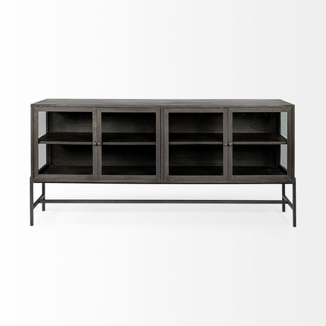 Arelius Black-Brown Wood, Black Metal Base w/ 4 Glass Cabinet Doors Sideboard by Mercana at Eve Furniture