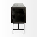 Arelius Black-Brown Wood, Black Metal Base w/ 4 Glass Cabinet Doors Sideboard by Mercana at Eve Furniture