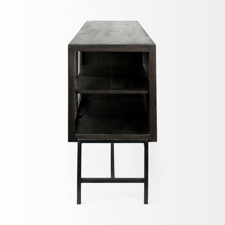 Arelius Black-Brown Wood, Black Metal Base w/ 4 Glass Cabinet Doors Sideboard by Mercana at Eve Furniture