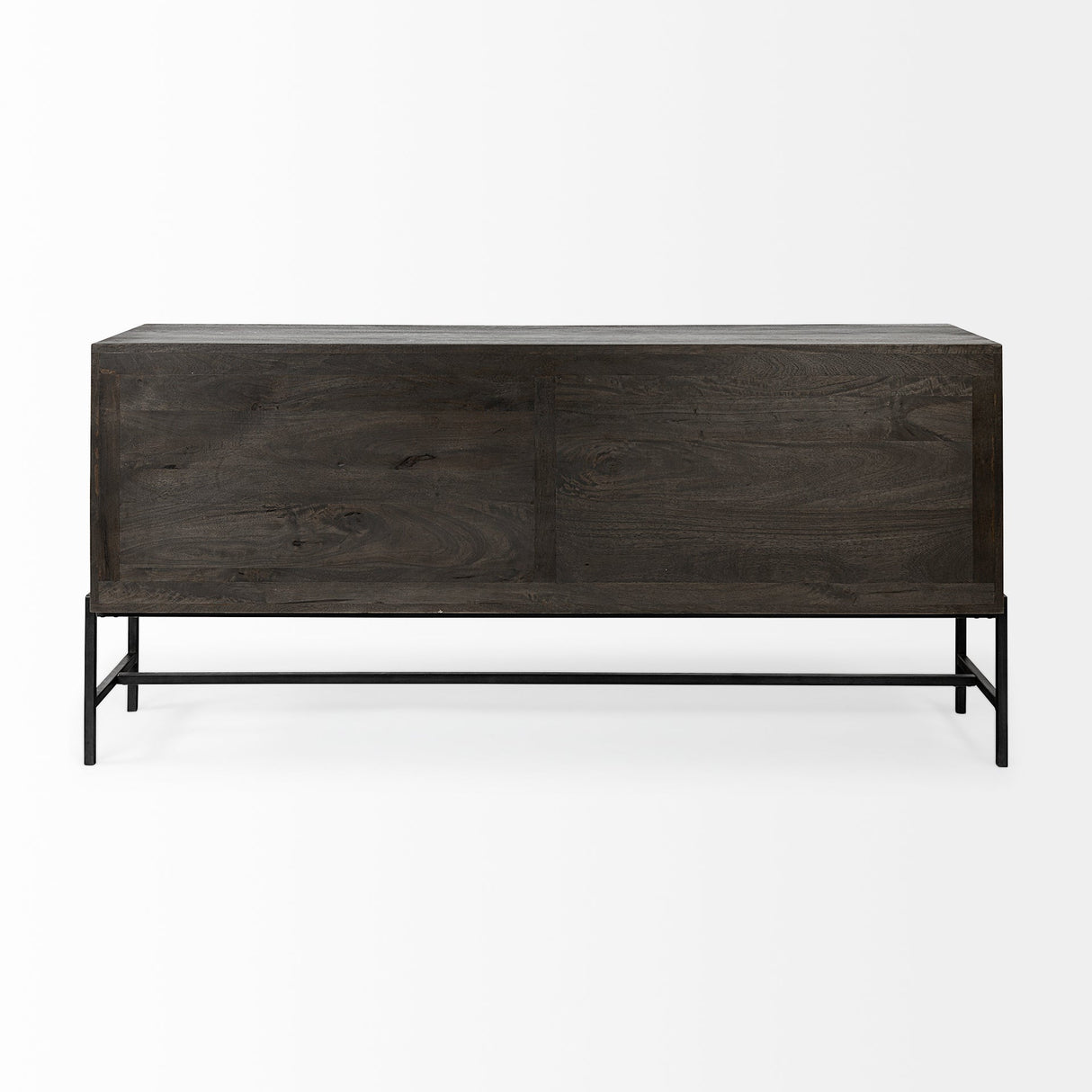 Arelius Black-Brown Wood, Black Metal Base w/ 4 Glass Cabinet Doors Sideboard by Mercana at Eve Furniture