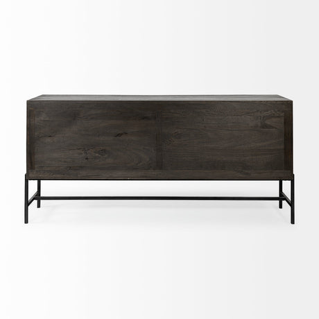 Arelius Black-Brown Wood, Black Metal Base w/ 4 Glass Cabinet Doors Sideboard by Mercana at Eve Furniture