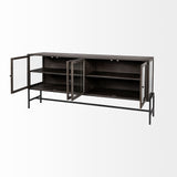Arelius Black-Brown Wood, Black Metal Base w/ 4 Glass Cabinet Doors Sideboard by Mercana at Eve Furniture