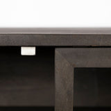 Arelius Black-Brown Wood, Black Metal Base w/ 4 Glass Cabinet Doors Sideboard by Mercana at Eve Furniture