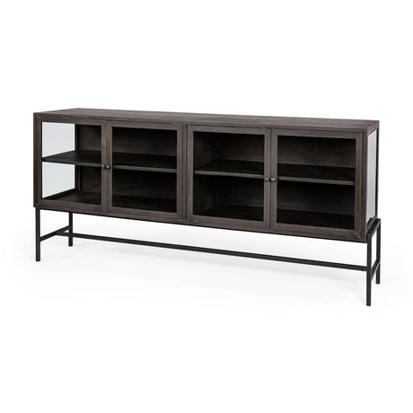 Arelius Black-Brown Wood, Black Metal Base w/ 4 Glass Cabinet Doors Sideboard by Mercana at Eve Furniture