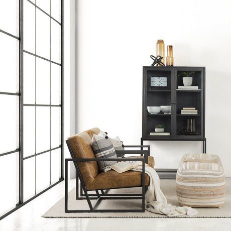 Arelius Black-Brown Wood W/ Black Metal Base Display Cabinet by Mercana at Eve Furniture
