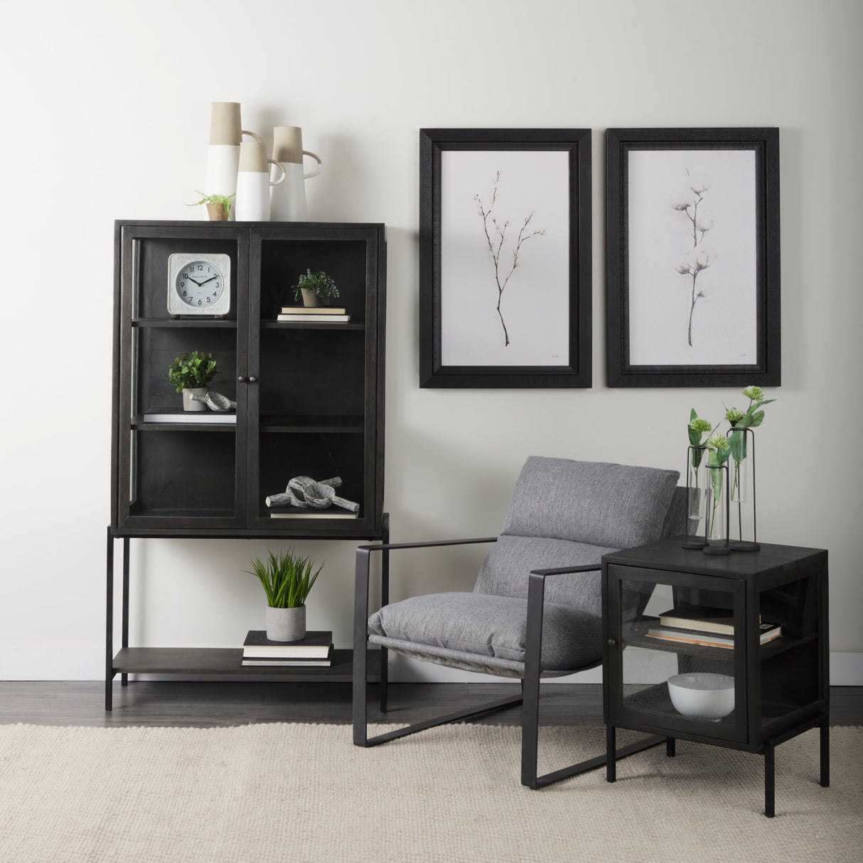 Arelius Black-Brown Wood W/ Black Metal Base Display Cabinet by Mercana at Eve Furniture