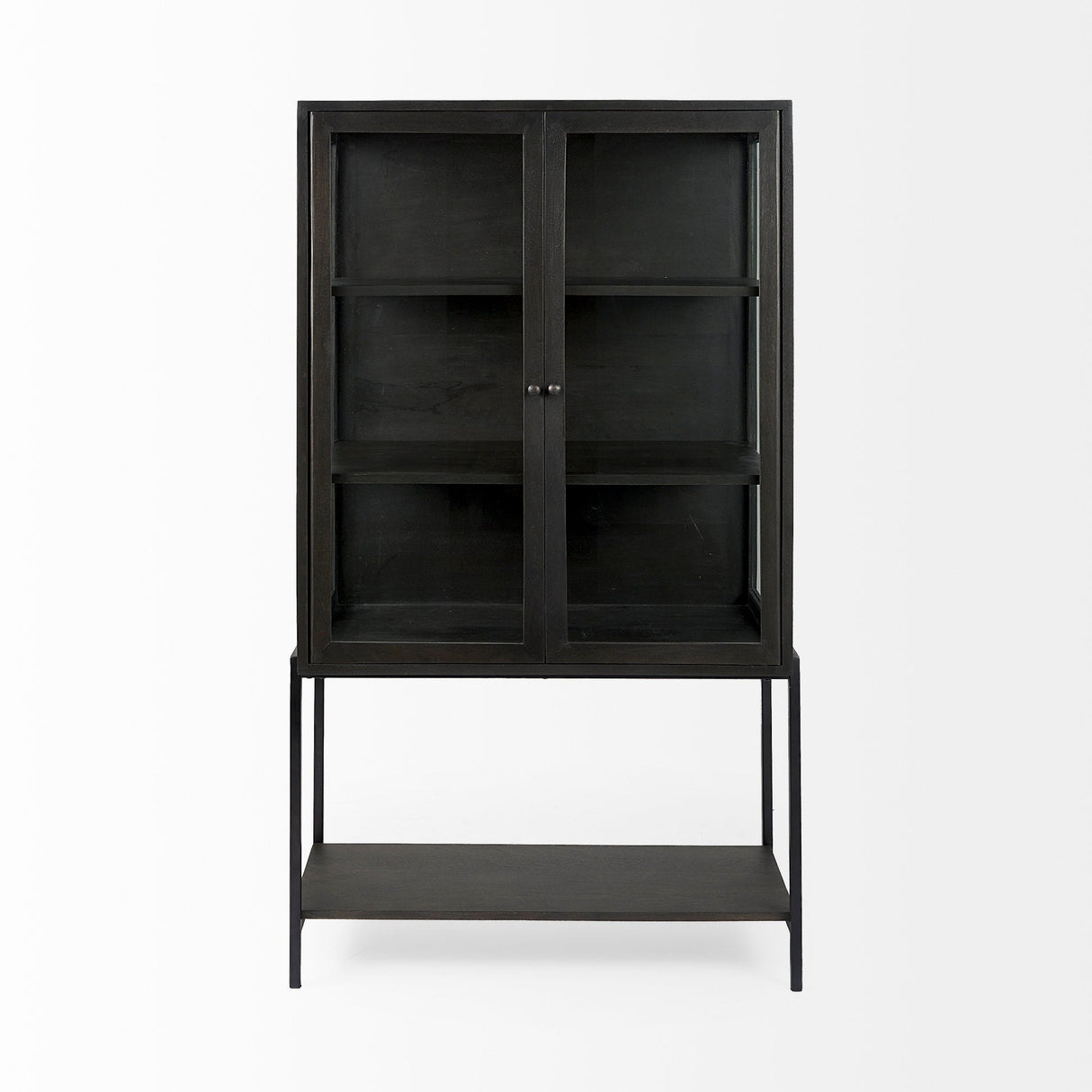 Arelius Black-Brown Wood W/ Black Metal Base Display Cabinet by Mercana at Eve Furniture