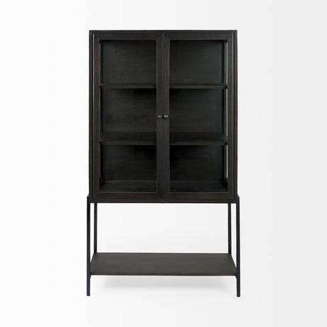 Arelius Black-Brown Wood W/ Black Metal Base Display Cabinet by Mercana at Eve Furniture
