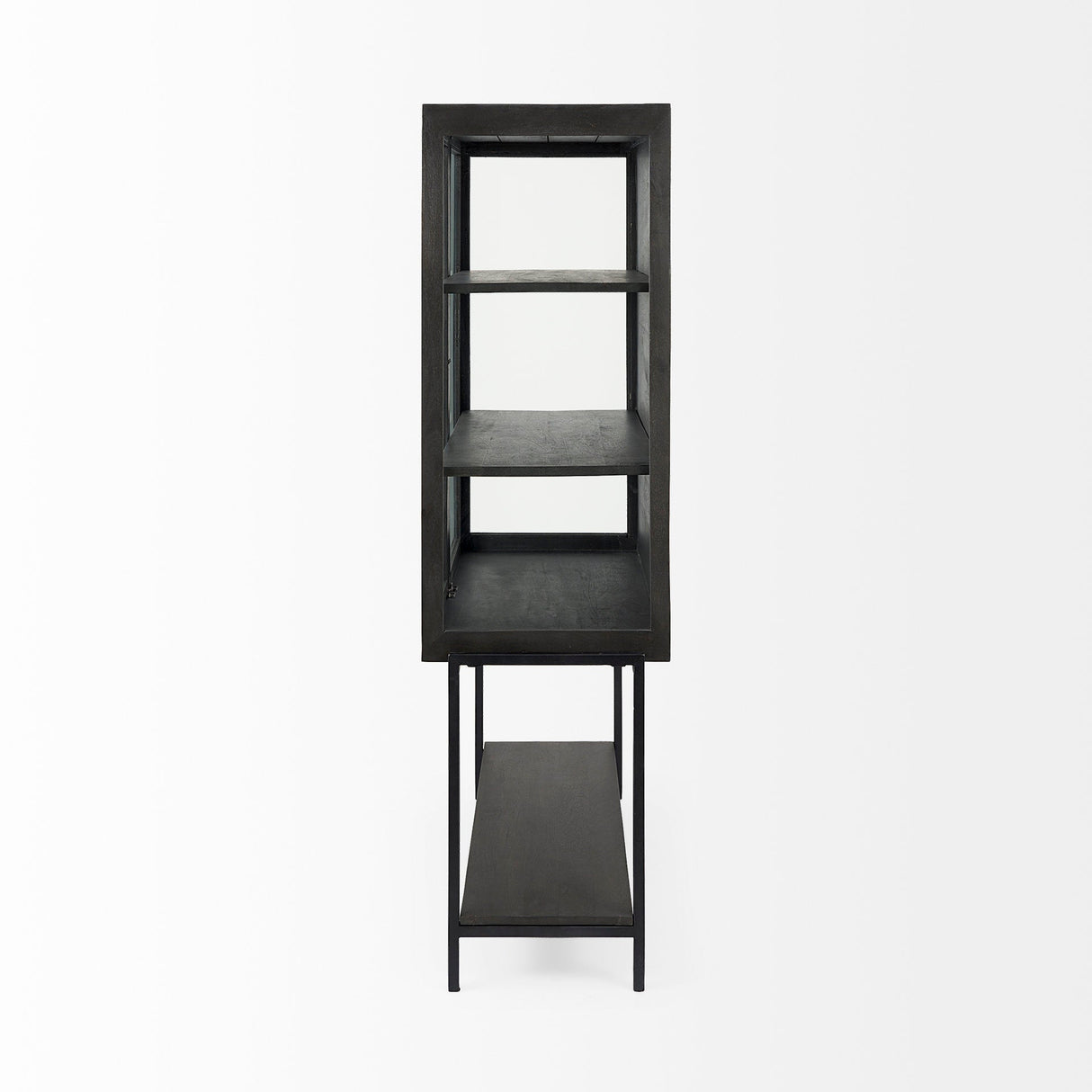 Arelius Black-Brown Wood W/ Black Metal Base Display Cabinet by Mercana at Eve Furniture