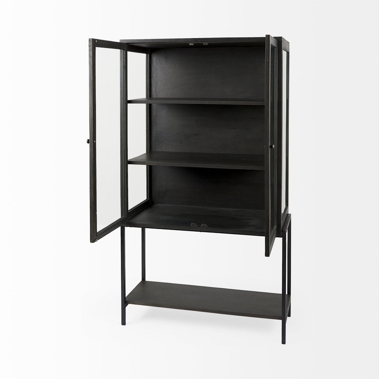 Arelius Black-Brown Wood W/ Black Metal Base Display Cabinet by Mercana at Eve Furniture