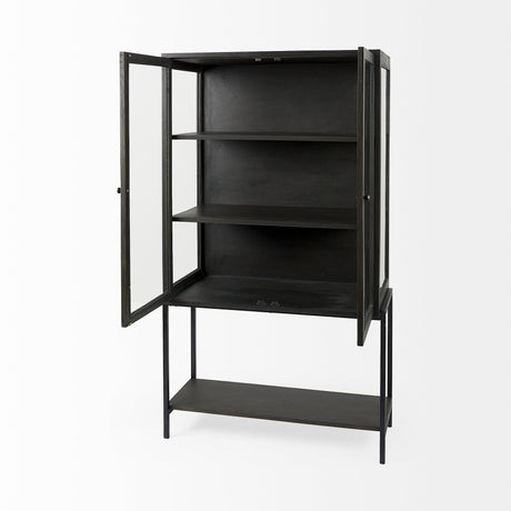 Arelius Black-Brown Wood W/ Black Metal Base Display Cabinet by Mercana at Eve Furniture