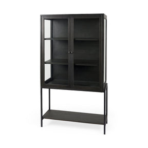 Arelius Black-Brown Wood W/ Black Metal Base Display Cabinet by Mercana at Eve Furniture