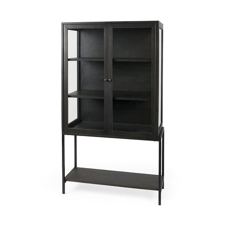 Arelius Black-Brown Wood W/ Black Metal Base Display Cabinet by Mercana at Eve Furniture