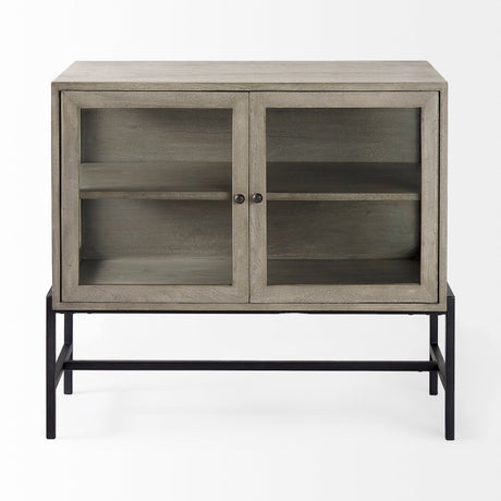 Arelius Gray Wood, Black Metal Base w/ 2 Glass Doors Accent Cabinet by Mercana at Eve Furniture