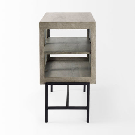 Arelius Gray Wood, Black Metal Base w/ 2 Glass Doors Accent Cabinet by Mercana at Eve Furniture