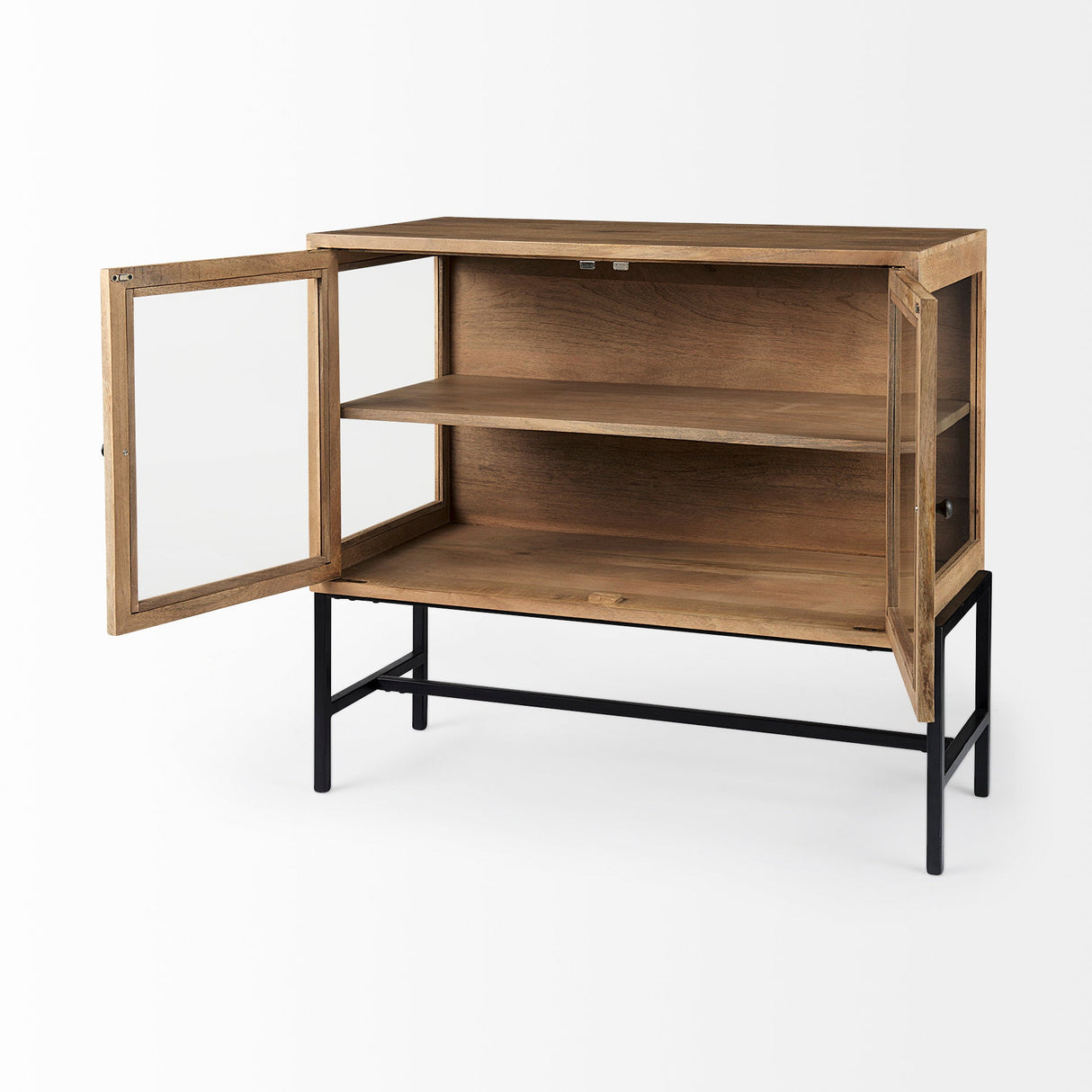 Arelius Light Brown Wood, Black Metal Base w/ 2 Glass Doors Accent Cabinet by Mercana at Eve Furniture