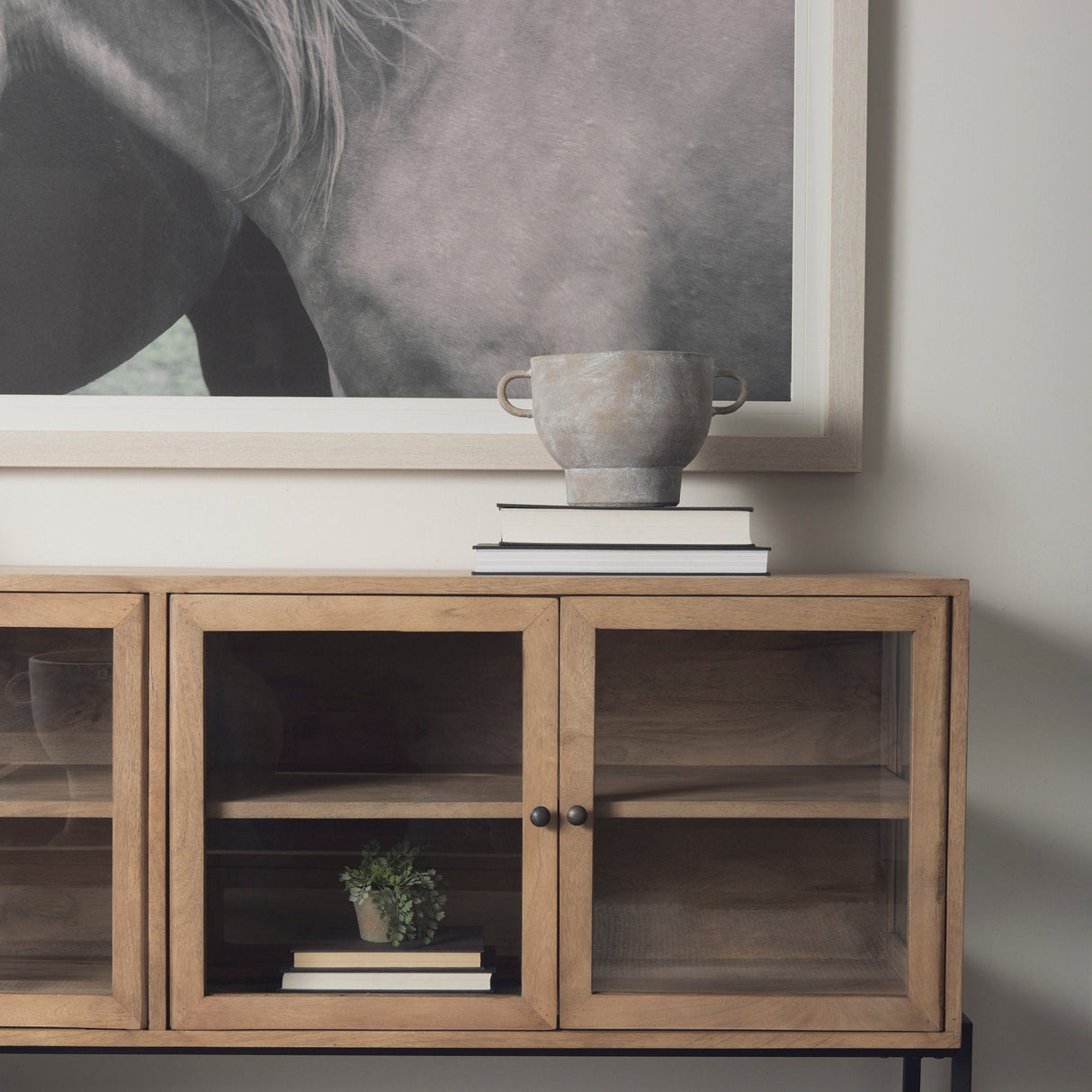 Arelius Light Brown Wood, Black Metal Base w/ 4 Glass Cabinet Doors Sideboard by Mercana at Eve Furniture