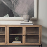 Arelius Light Brown Wood, Black Metal Base w/ 4 Glass Cabinet Doors Sideboard by Mercana at Eve Furniture