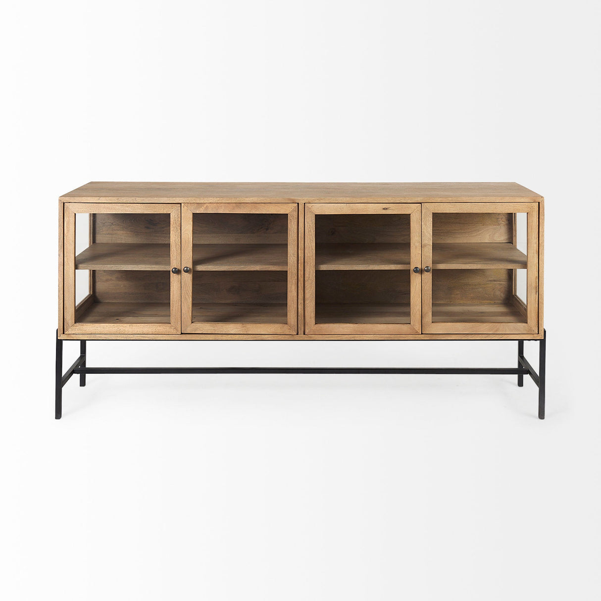 Arelius Light Brown Wood, Black Metal Base w/ 4 Glass Cabinet Doors Sideboard by Mercana at Eve Furniture