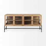 Arelius Light Brown Wood, Black Metal Base w/ 4 Glass Cabinet Doors Sideboard by Mercana at Eve Furniture