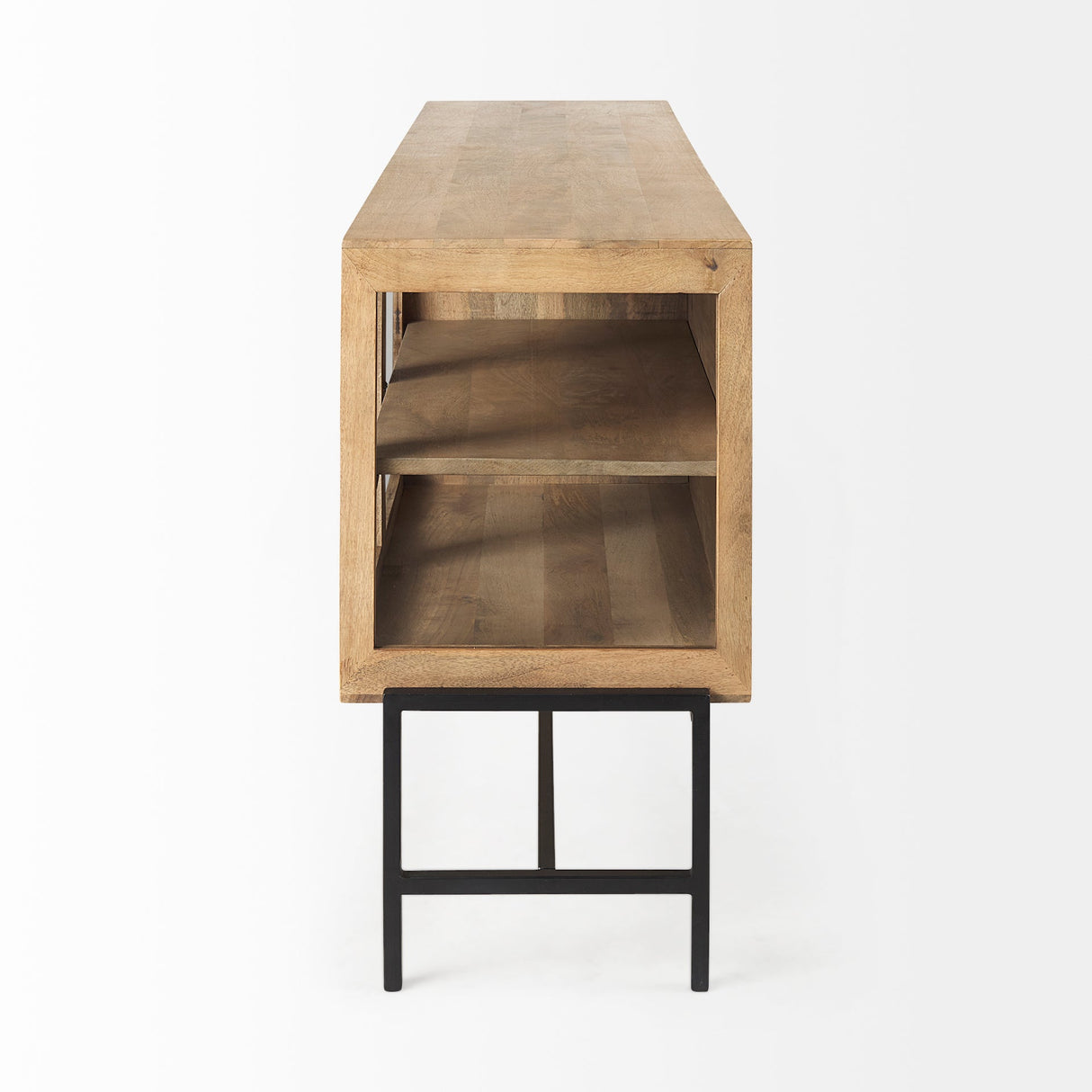 Arelius Light Brown Wood, Black Metal Base w/ 4 Glass Cabinet Doors Sideboard by Mercana at Eve Furniture