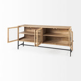 Arelius Light Brown Wood, Black Metal Base w/ 4 Glass Cabinet Doors Sideboard by Mercana at Eve Furniture