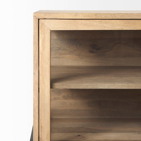 Arelius Light Brown Wood, Black Metal Base w/ 4 Glass Cabinet Doors Sideboard by Mercana at Eve Furniture