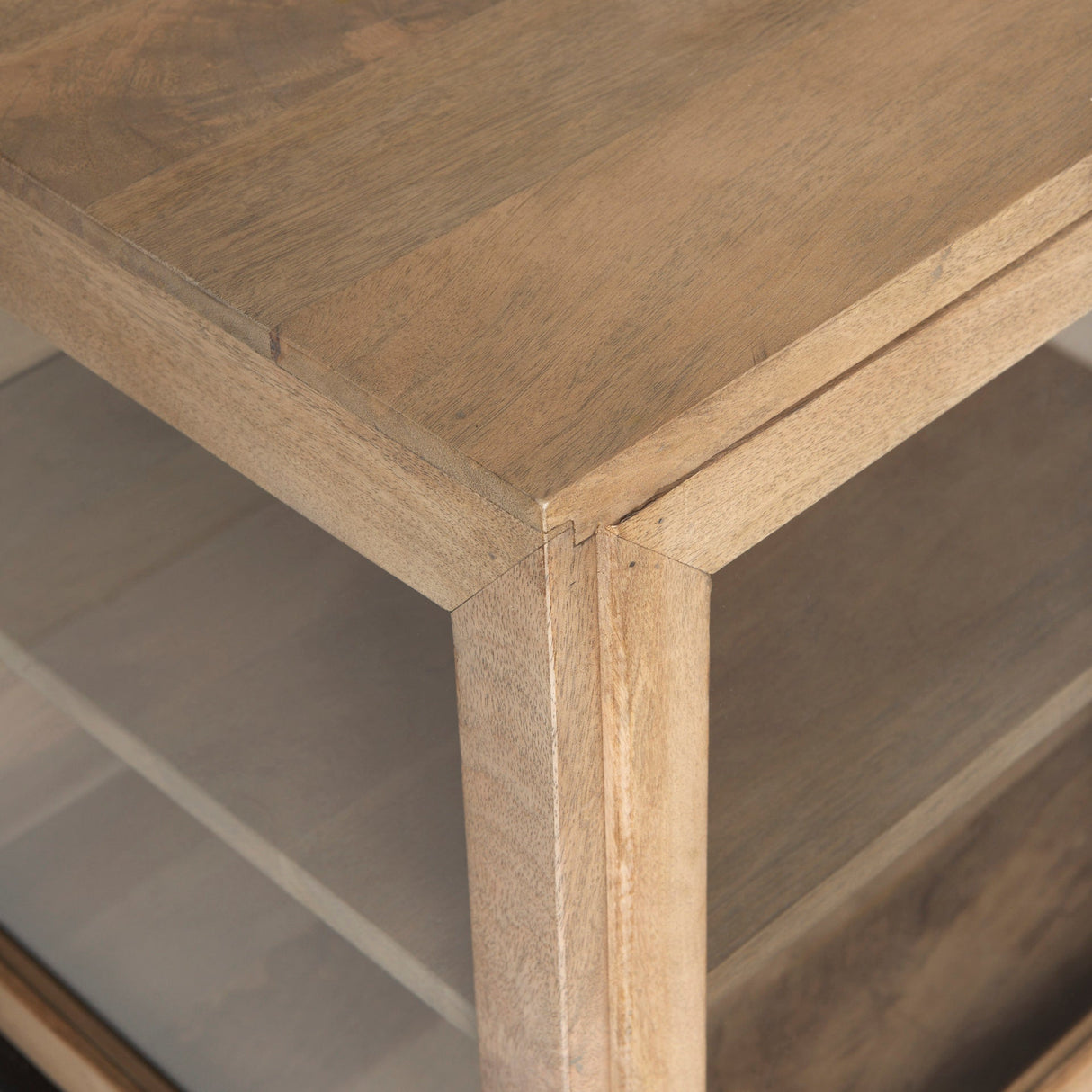 Arelius Light Brown Wood, Black Metal Base w/ 4 Glass Cabinet Doors Sideboard by Mercana at Eve Furniture