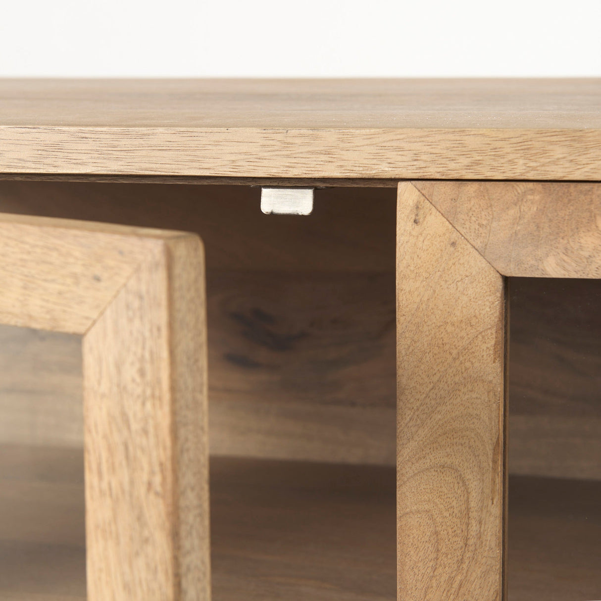 Arelius Light Brown Wood, Black Metal Base w/ 4 Glass Cabinet Doors Sideboard by Mercana at Eve Furniture