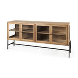 Arelius Light Brown Wood, Black Metal Base w/ 4 Glass Cabinet Doors Sideboard by Mercana at Eve Furniture
